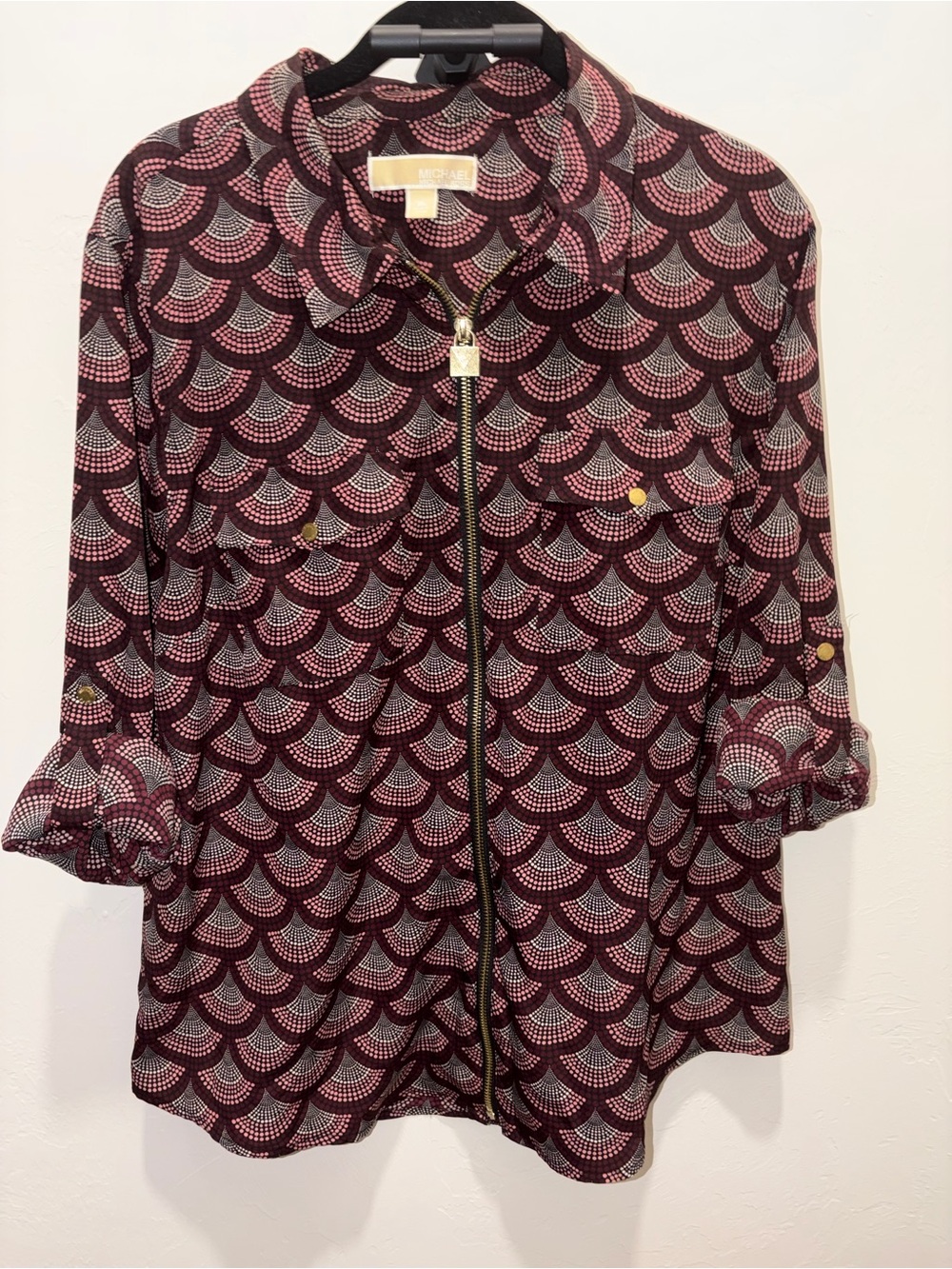 Michael Kors Womens Burgundy Zip-Front Shirt top blouse adjustable sleeves XL - Picture 10 of 11